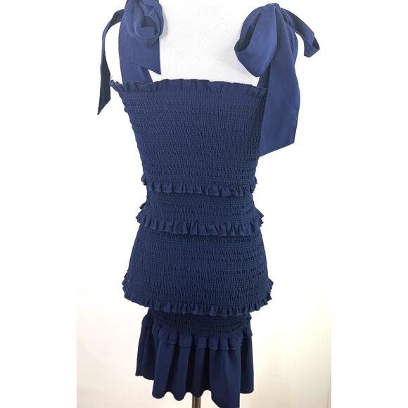 Alter’d State Navy Blue Ruffle Smocked Shoulder Tie Bodycon Dress Size XS - Picture 5 of 7